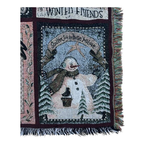 Snowman Winter Tapestry Throw Blanket 58" X 41" Woven Fringed Edges Christmas De - Picture 10 of 11